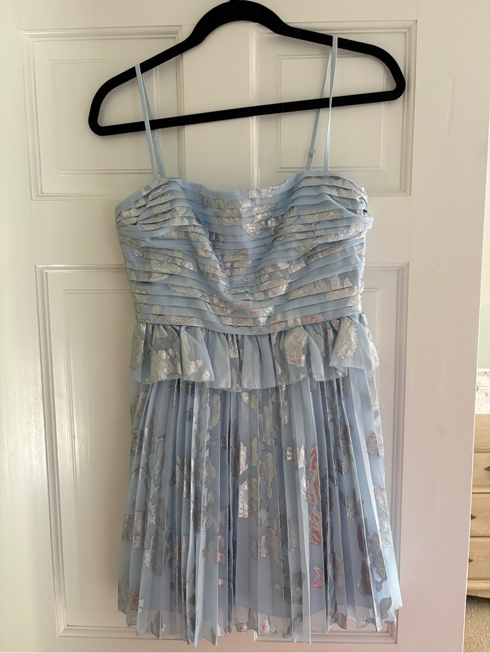Self-Portrait Light Blue Metallic Floral Mini Dress